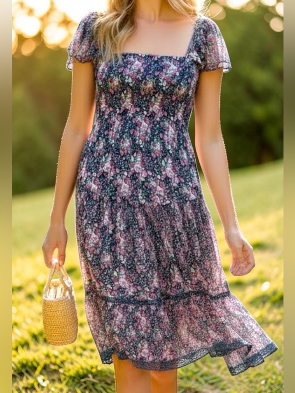 LAPIS Floral Print Square Neckline Puff Sleeves Smocked Tiered Sundress Sz Small